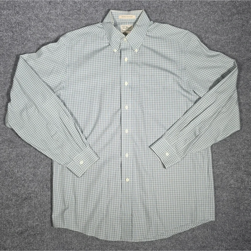 LL Bean Mens Wrinkle Resistant Button Down Shirt Green Blue Check M-Reg 0WT48